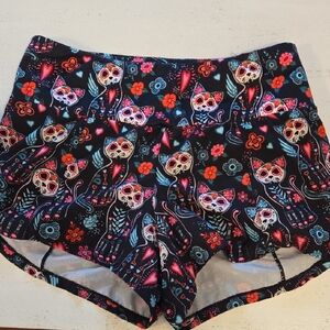Women's Black Cat Day of the Dead Print Active Shorts